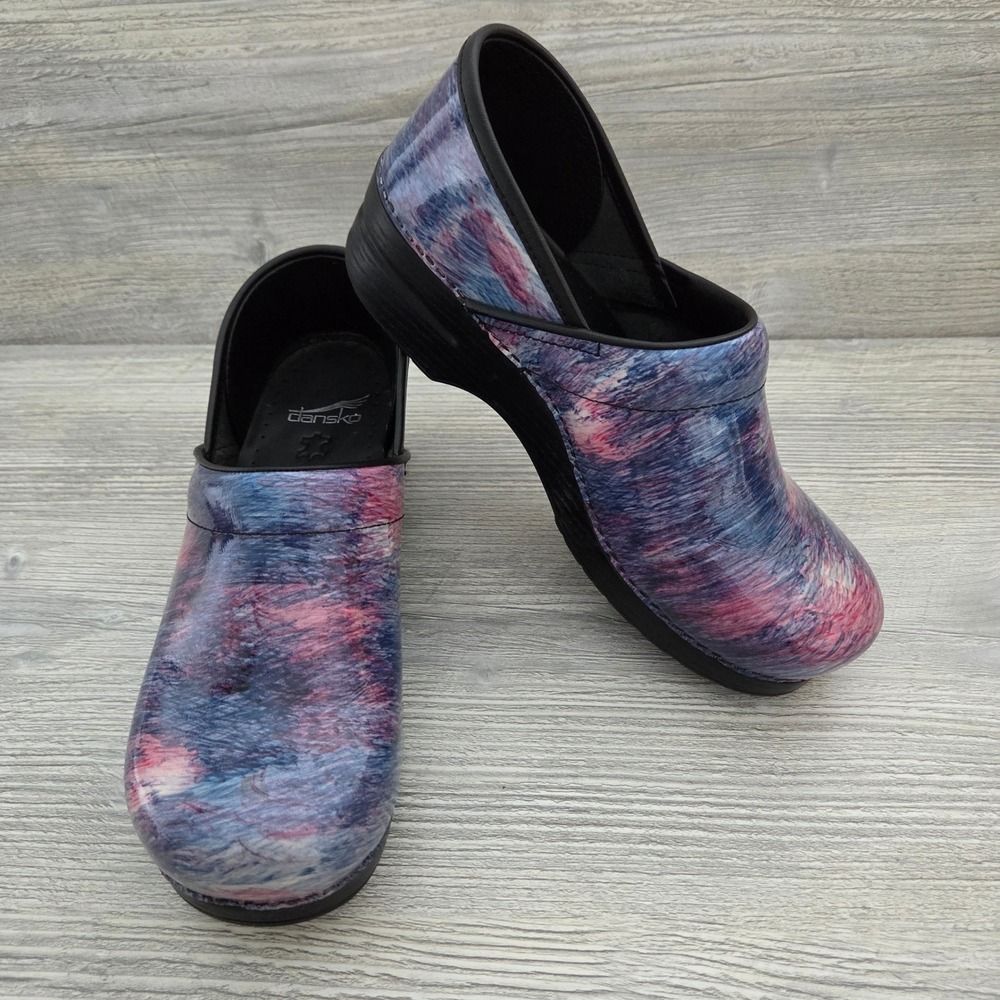 Dansko Professional Clogs Blue Pink Brushstroke Patent Leather Womens 40